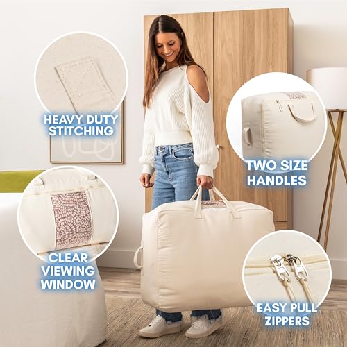 Soft Canvas Storage Bags with Zipper. Thick Breathable, 1pc King/Queen Comforter Organizer. Four Carrying Handles and Window. Large 25x19x9in Bag for Sheets Blankets Bedding Pillows, Clothes - color: Beige, size: 1 Pack