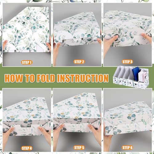 PerKoop 6 Pcs Decorative Magazine File Holders Floral Foldable File Folders Magazine Storage Boxes Rack Desk Organizer Documents with Printable Labels for School Office Home (Eucalyptus Leaves) - style: Eucalyptus Leaves