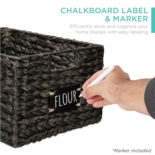 Best Choice Products Pantry Baskets Set of 2 16x12in Water Hyacinth Storage Baskets, Woven Wicker Kitchen Organizers with handles w/Chalkboard Label Chalk Marker - Black - color: Black, size: 12x16x8in
