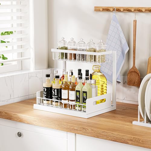 VUSIGN 2 Pack Under Sink Organizer and Storage, 2 Tier Under Cabinet Organizer for Bathroom Kitchen with Pull Out Storage Shelf Drawer, White - color: White, size: 2 Pack