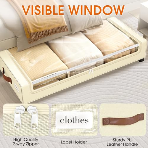 SpaceHacks Under Bed Storage with Wheels 3Pack Underbed Storage with Clear Window&Label Under Bed Drawers Large Capacity Rolling Under Bed Storage for Clothes,Shoes, Blankets (Beige) - color: Beige, size: 3 pack