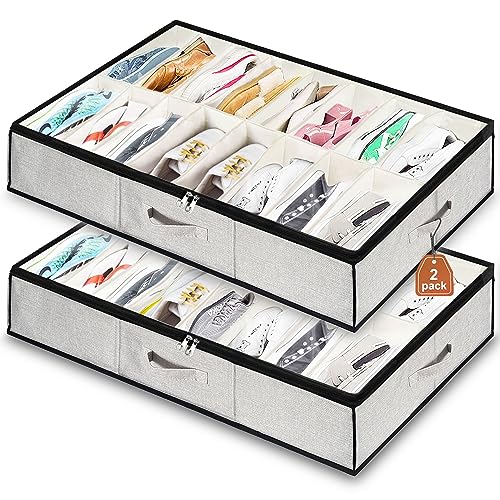 homyfort Shoe Storage Organizer Under Bed, 2 Pack Fits 32 Pairs, Extra Large Shoe Container, Breathable Fabric Underbed Storage for Sneakers, Slippers, Closet, Grey - color: Light Grey
