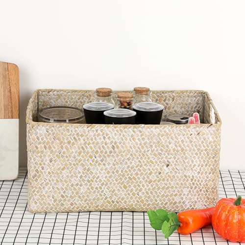 Hipiwe Wicker Shelf Baskets Seagrass Storage Opened Baskets Bin Built-in Handles Rectangular Closet Bedroom Organizer Box Multipurpose Woven Basket Home Organizer,Whitewash,14.6"x 10.6" x 7" - color: Whitewash, size: Large,14.6"x10.6"x7"