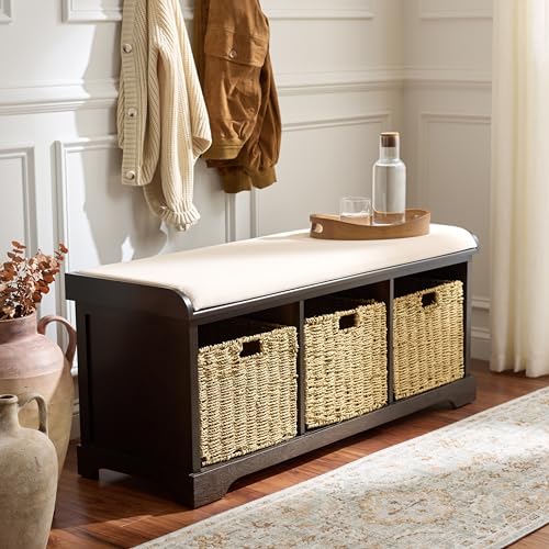 SAFAVIEH Home Collection – Lonan Dark Chocolate Storage Bench with Seat Cushion, 3 Basket Drawers, Coastal Farmhouse Entryway Design (AMH5733F) - color: Dark Chocolate