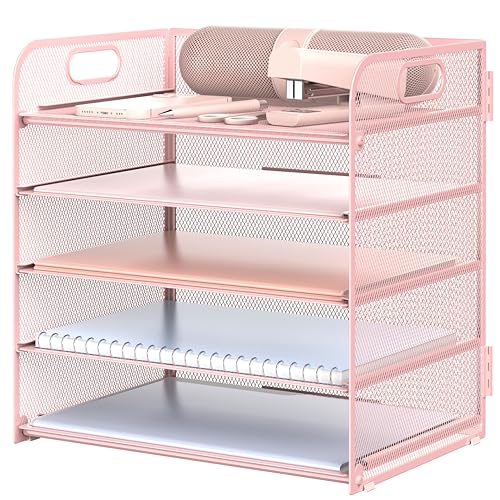 Sinboun Letter Tray Paper Organizer 5-Tier Desk Organizer File Organizer Paper Holder with Handle, Metal Desktop Document Shelf Tray Office Classroom Organization - Pink, PK5CENGTISHOU - color: Pink