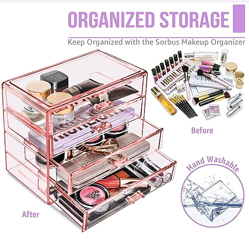 Sorbus Makeup Organizer - 4 Drawer Acrylic Make Up Organizers and Storage for Cosmetics, Jewelry, Beauty Supplies, Clear Makeup Organizer for Vanity, Girl's Room, College Dorm, Counter, Bathroom-Sinks - color: Pink