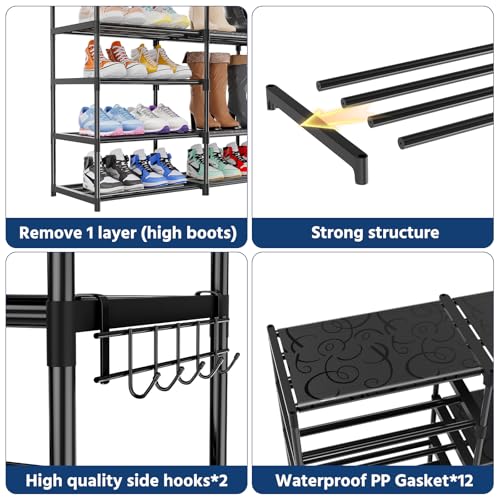 Ekisemio Large Shoe Rack Organizer for Entryway Closet 72-80 Pairs 10-Tier Heavy Duty Tall Garage Shoe Rack Shoe Shelf Shoes Storage with Removable Side Hooks for Bedroom and Garage, Black - size: 4 Row 10 Tiers