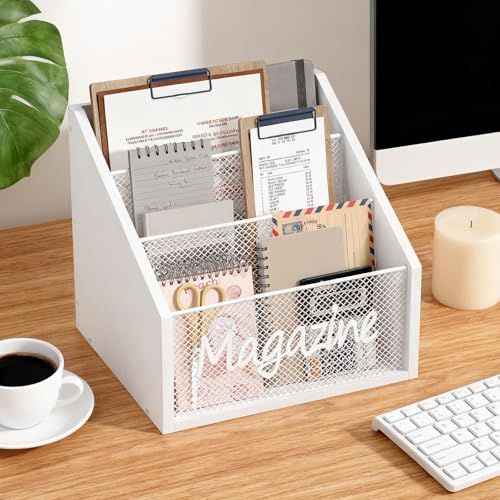 YATINEY Magazine Holder, Wood Magazine Rack Floor, Mail Organizer Countertop, Magazine Mail Holder Sorter, Record Holder for Magazines, Books, Newspapers, Tablets, White MR02WW - color: White
