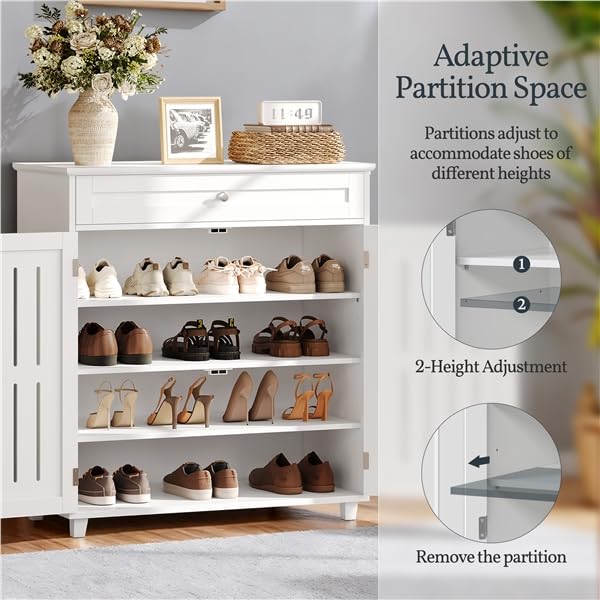 Yaheetech Shoe Cabinet, 4-Tier Shoe Storage Cabinet with Drawer & Adjustable Shelves, Shoe Organizer Cabinet with Louvered Doors for Entryway, Hallway, Closet, Living Room, White - color: White, size: 31 x 15 x 34’’
