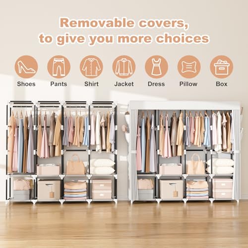VTRIN Portable Closet for Hanging Clothes 67 Inch Wide Large Capacity Portable Wardrobe Closet with Cover, 4 Storage Shelves and 4 Hanging Rod Sturdy Free Standing Closet for Bedroom, White - color: White, size: 4 Row - 67'' Wide