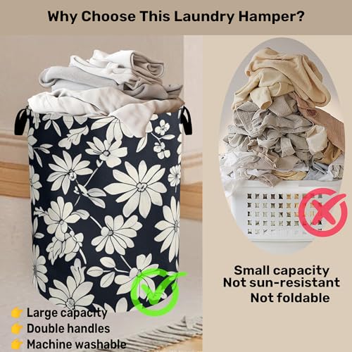 Black White Daisy Laundry Basket - Heavy Duty 60L Dirty Clothes Organizer, Water Resistant Foldable Hamper for Men Women - color: Black White Daisy