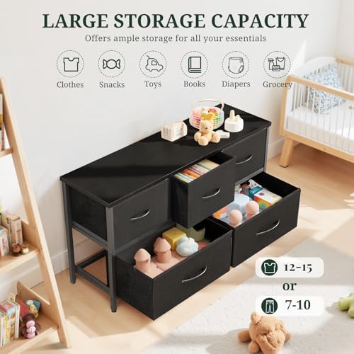 5-Drawer Dresser for Bedroom, Anti-Tip Wide Storage Organizer Fabric Chest of Drawers TV Stand for 45" TV with Wooden Top and Metal Frame for Closet, Living Room, Hallway, Entryway, Black - color: Black, size: 11.8"D x 39.4"W x 20.9"H (5 Drawers)