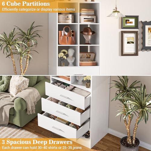 Homieasy Closet System Organizer with 3 Drawers and Partition Storage, Freestanding Wardrobe Organizer Modular with Shoe Shelf, Expandable for Walk-in or Reach-in Closets, White