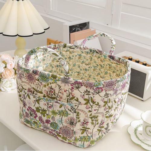Quilted Fabric Basket Foldable Car Storage Boho Floral Laundry Basket Hamper for Nursery Bedroom & Living Room | Organize Clothes Toys - color: Pastel Wildflower Cottage