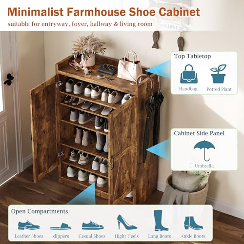 BINGTOO 45" Tall Farmhouse Shoe Storage Cabinet with Doors, Large Shoe Organizer with 4 Adjustable Shelves, Extra Deep Wooden Shoe Rack for Entryway, Foyer, Hallway (Brown, 1 Cabinet) - color: Brown, size: 1 Cabinet