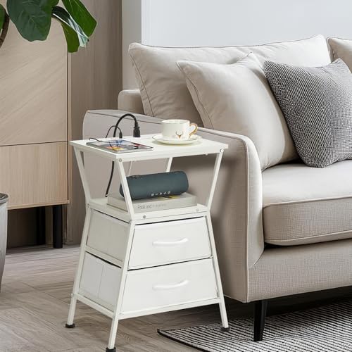 Nightstand with Charging Station, Side Tables for Bedroom with Built-in USB Side Table with 2 USB Ports and Outlets Nightstand with Cloth Drawer End Tables Living Room Sofa Couch - color: White With Socket