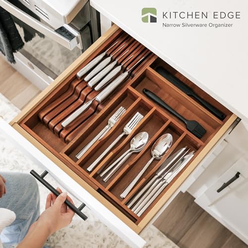 KitchenEdge Premium Silverware, Flatware and Utensil Organizer for Kitchen Drawers, Food-Safe Contract Grade, Expandable from 10.5 to 19 In, Natural Acacia - color: Natural Acacia, size: From 10.5" to 19" wide