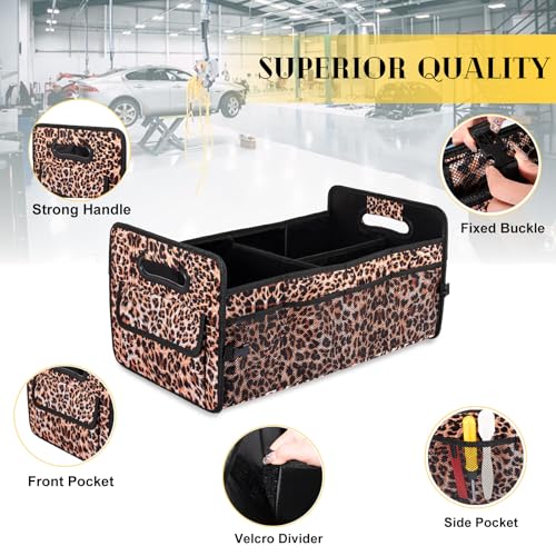 JiatuA Car Trunk Organizer, Car Organizers and Storage Collapsible Multi Compartment Container Box, Adjustable Car Accessories for SUV Sedan Truck, Standard Size, Leopard print - color: Leopard print, size: Standard
