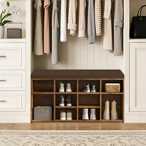 DINZI LVJ Shoe Storage Bench with Cushion, Cubby Shoe Rack with 12 Cubbies, Adjustable Shelves, Multifunctional Shoe Organizer Bench for Entryway, Mudroom, Hallway, Closet and Garage, Rustic Brown - color: Rustic Brown, size: 12 Cubby