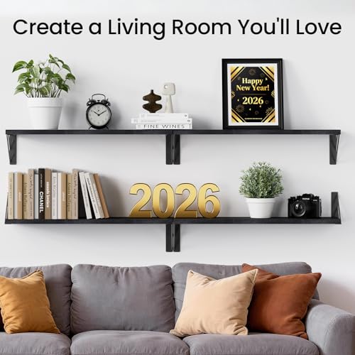 BAYKA Wall Mounted Floating Shelves, Wood Floating Wall Shelf for Books & Decor, Small Space-Saving Display & Organizer（Black，23in，Set of 4） - color: A. Black Board & Black Brackets, size: 23-inch Standard