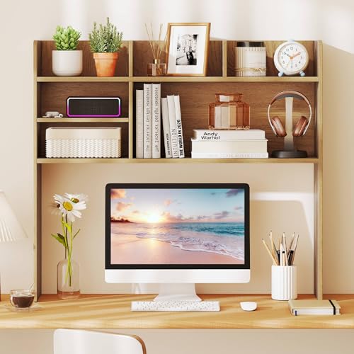 Tangkula Desktop Bookshelf for Computer Up to 32”, 37” Countertop Storage Hutch with 6 Storage Shelves, 3-Tier Desktop Organizer Display Rack, Wooden Desk Hutch for Dorm Home Office (Natural) - color: Natural, size: 6 Shelves