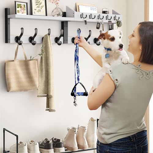 Evermagin 35" Coat Rack Wall Mount with Shelf, 4 in 1 Coat and Key Hanger with 13 Metal Hooks, Entryway Wall Mounted Shelf with Mail Holder for Living Room, Bedroom, White - color: White, size: 35 Inch