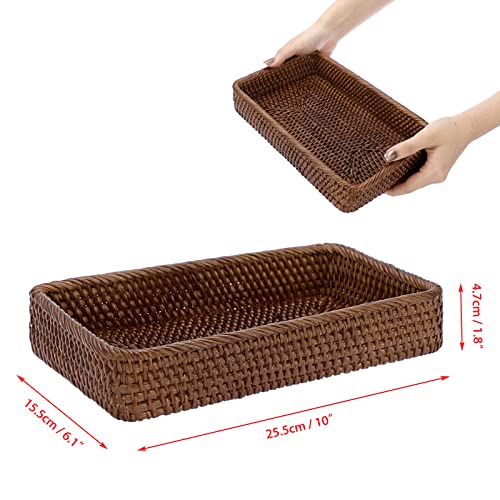 Sumnacon 10 Inch Rattan Bathroom Vanity Tray - Decorative Wicker Toilet Tank Tray for Paper Hand Towel, Vintage Storage Basket Bin for Bathroom Kitchen Toilet Tank Vanity Countertop Table Shelf, Brown - color: Brown, size: 10" x 6.1" x 1.8"