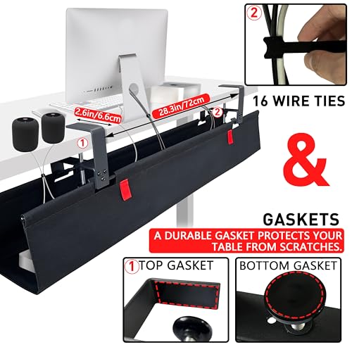 Under Desk Cable Management No Drill – 48" L x 6" W Cord Organizer, Upgraded Silicone Pads (No Scratch), 16 Cable Slots, Washable PE Honeycomb Base, Fits Desks 0–2.1" Thick, Black - color: Black, size: Upgraded with Enhanced Features-48"L x 6"W