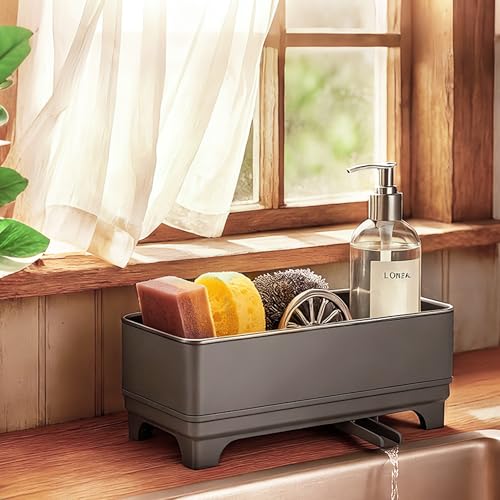 MOUKABAL Sponge Holder for Kitchen Sink – Rustproof Stainless Steel, 360° Rotating Drain Pipe, Large Counter Organizer with Drip Tray for Sponges, Brushes & Dish Cloths Grey - color: Grey 1