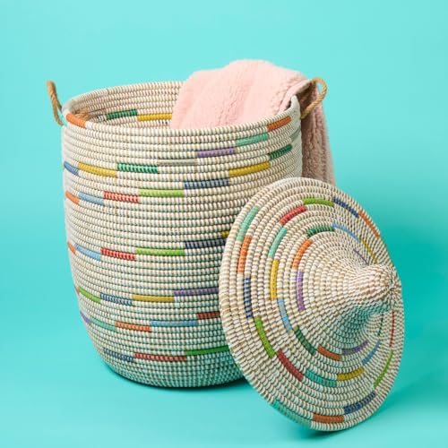 Wicker Laundry Basket, Colorful Pattern on White, 15" Wide, 19" Tall - size: Medium