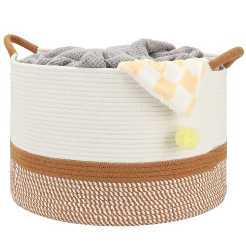 Large Blanket Basket (20"x13"),Woven Basket for Storage Dirty Clothes Basket for Laundry, Living Room, Nursery, Bedroom Rope Storage Basket for Blankets(White/Brown) - color: White Brown