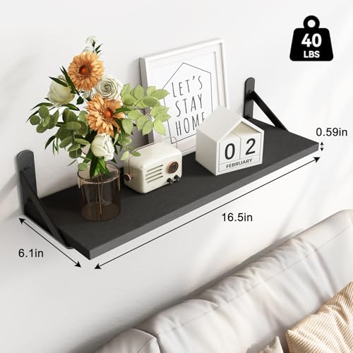Fixwal Floating Shelves for Wall, Wood Wall Mounted Shelves for Bedroom, Bathroom, Living Room, Kitchen Storage and Decor(Black, Set of 4, 16.5 Inch) - color: Black