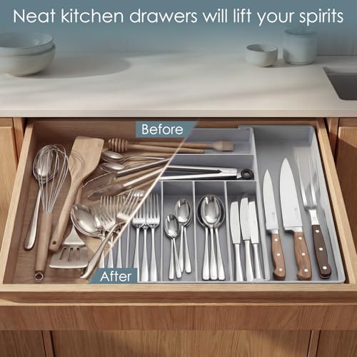 Heavy Duty Stainless Steel Frame Silverware Organizer with Plastic Body, Extra Large Silverware Drawer Organizer, 9 Slot Expandable Kitchen Drawer Organizer, 8 Non-Slip Feet Included, BPA Free, Gray - color: Gray