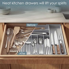 Heavy Duty Stainless Steel Frame Silverware Organizer with Plastic Body, Extra Large Silverware Drawer Organizer, 9 Slot Expandable Kitchen Drawer Organizer, 8 Non-Slip Feet Included, BPA Free, Gray - color: Gray