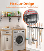 2Pack Broom Holder Wall Mount with Organizer Shelf, Space-Saving Broom and Mop Organizer Wall Hanging with 8 Broom Slots 10 Removable Hooks, Laundry Room Shelves for Laundry Room Garage Garden Closet