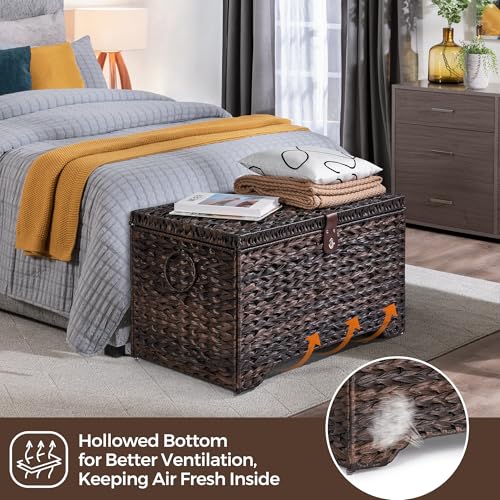 Honjourai Handwoven Storage Basket with Lid, 165L Plastic Rattan Storage Bin, Leather Buckle & Metal Frame, Large Metal Ring Handles, Storage Trunk for Bedroom, Laundry Room - color: Brown PE Rattan, size: 165L-Flat Lid