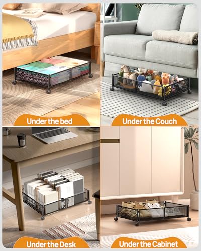 Under Bed Storage With Wheels, 2 Pack Foldable Pattern Carved Metal Under Bed Storage Containers, 60L Rolling Underbed Storage, Easy Assembly Under The Bed Storage for Shoes, Clothes, Blankets... - color: Black, size: 2 Pack