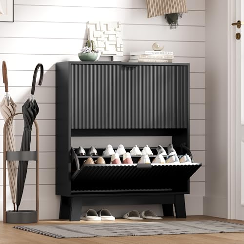 HUANLEGO Shoe Cabinet Storage for Entryway with 2 Flip Drawers, Fluted Narrow Shoe Organizer with Wooden Legs, Freestanding Slim Shoe Storage Hidden Shoe Rack Organizer for Front Door Entrance, Black - color: Black, size: 2 Drawer
