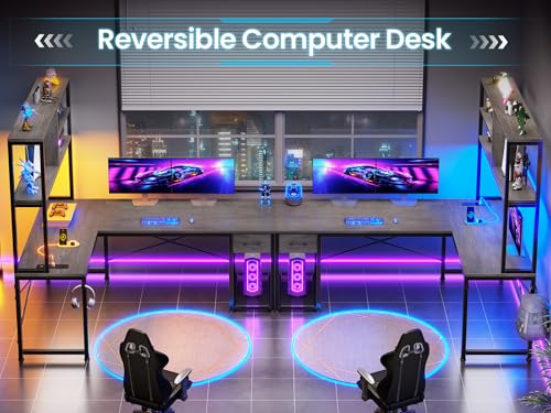 SEDETA L Shaped Gaming Desk, 51.2" Reversible Small Corner Desk with Drawer, Power Outlet & LED Lights, Computer Desk with Storage Shelves for Small Space, Grey - color: Grey