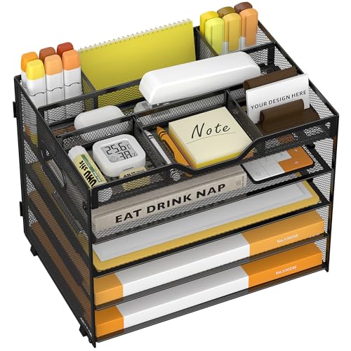 5 Tier Paper Letter Tray with 3 Drop-in Pen Holders, Mesh Desk File Organizer with Handle, Desk Organizers and Accessories for School,Home, Office Supplies Storage-Black - color: 5 Tier-Black, size: 12.5" x 9.1" x 10.3"