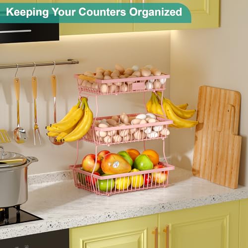 3 Tier Fruit Basket for Kitchen Counter with 2 Banana Hangers, Countertop Metal Fruit Bowl with Wooden Handle, Large Storage Stand for Vegetables, Snacks, Breads, Produce Storage – Pink - color: Pink, size: 3 Tier