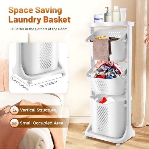 TFCFL 3-Tier Laundry Hamper Sorter Laundry Basket with Wheels, Rolling Laundry Hamper Cart with Wheels, Removable Rolling Laundry Baskets, Bathroom Cart for Dirty Clothes