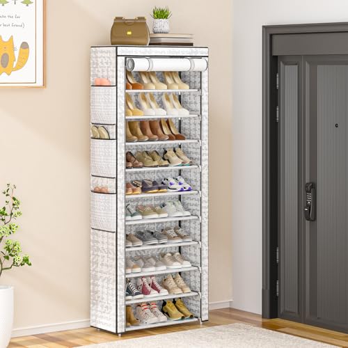 OYREL Shoes Rack 10 Tier Tall Shoe Rack with Storage Pockets, Fabric Covered Shoe Racks,Metal Shoes Rack Organizer for Closets,Bedroom, Garage - color: Multi Color