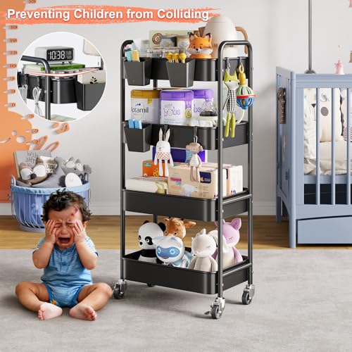 4 Tier Rolling Cart Metal with Wheels, Black Four Tiered Rolling Storage Cart on Wheels, Utility Roller Carts Organizer for Art, Craft, Baby Diaper Caddy, Snack, Book, Large-Capacity Shelving Units - color: Matte Black, size: 4-Tier + Cups + Hooks