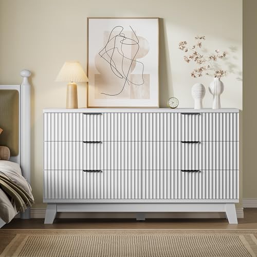 BORNOON 53" Long Dresser for Bedroom, 6-Drawer Dresser with Fluted Fronts, Wide Wood Chest of Drawers, Smooth Metal Slides, Stable Base, Modern Clothes Storage Cabinet for Living Room, Hallway - color: Pure White, size: XL 6-Drawer