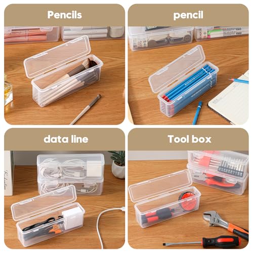 10 Pack Clear Plastic Pencil Case Boxes - Narrow Stackable Storage Organizers with Snap Lids for Pens, Markers, Makeup Brushes, Art Supplies, Beads, Jewelry, School Office Use, Rectangular Narrow - size: Clear Rectangular Narrow - 10 Pack