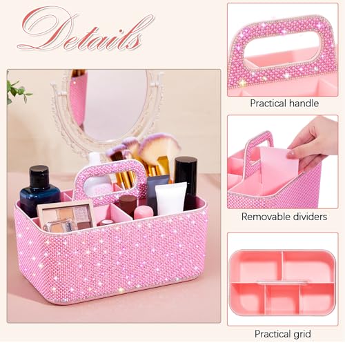 Marspark Bling Makeup Caddy Organizer with Handle, Sparkly Art Craft Holder, Glitter Bathroom Hair Caddy, Shimmer Pen Pencil Holder for Women Desk Organizer, Bling Gifts for Women(Pink,Pearl Diamond) - color: Pink, style: Pearl Diamond