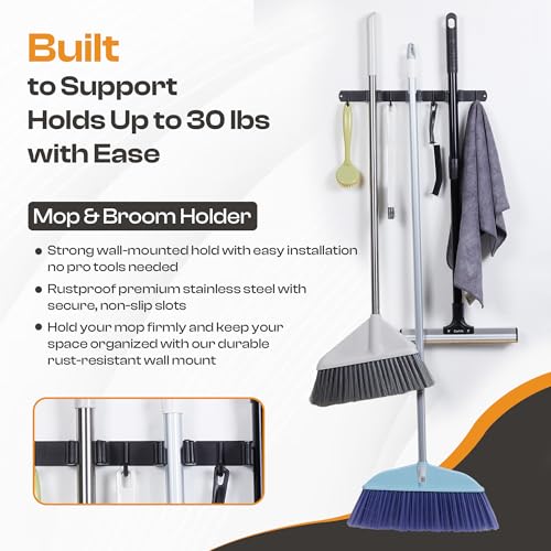 Heavy-Duty Stainless-Steel Broom Holder Wall Mount with 3 Racks and 4 Hooks | Waterproof Mop and Broom Hanger | Adjustable, Garage & Garden Tool Organizer | Black - size: 3 Racks & 4 Hooks