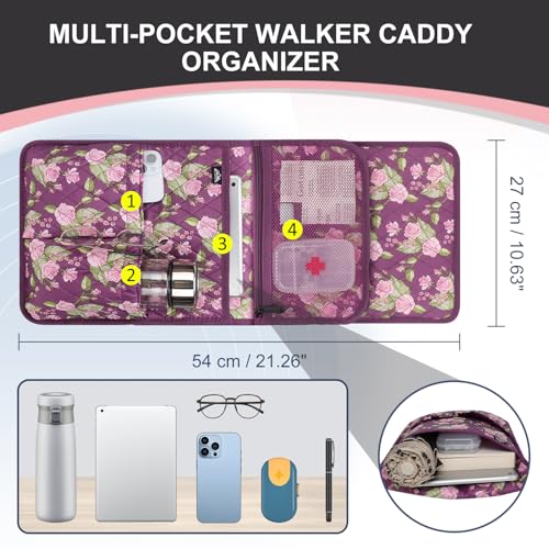 supregear Walker Bag, Universal Seniors Caddy Organizer with Multiple Pockets, Lightweight Accessories for Elderly, Rollators, Wheelchairs and Bedside Rails, Easy to Use Storage Pouch, Floral Purple - color: Floral Purple