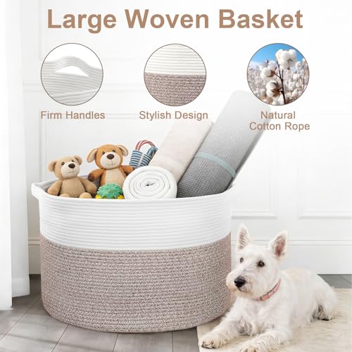 90L Extra Large Blanket Basket for Living Room - Cotton Rope Laundry Hamper Woven Baskets XXL Storage Bin with Handles for Dirty Clothes, Kids, Pets, Toys, Bedroom, 23'' x 23'' x 13'', White & Brown - color: Brown & White, size: 90L
